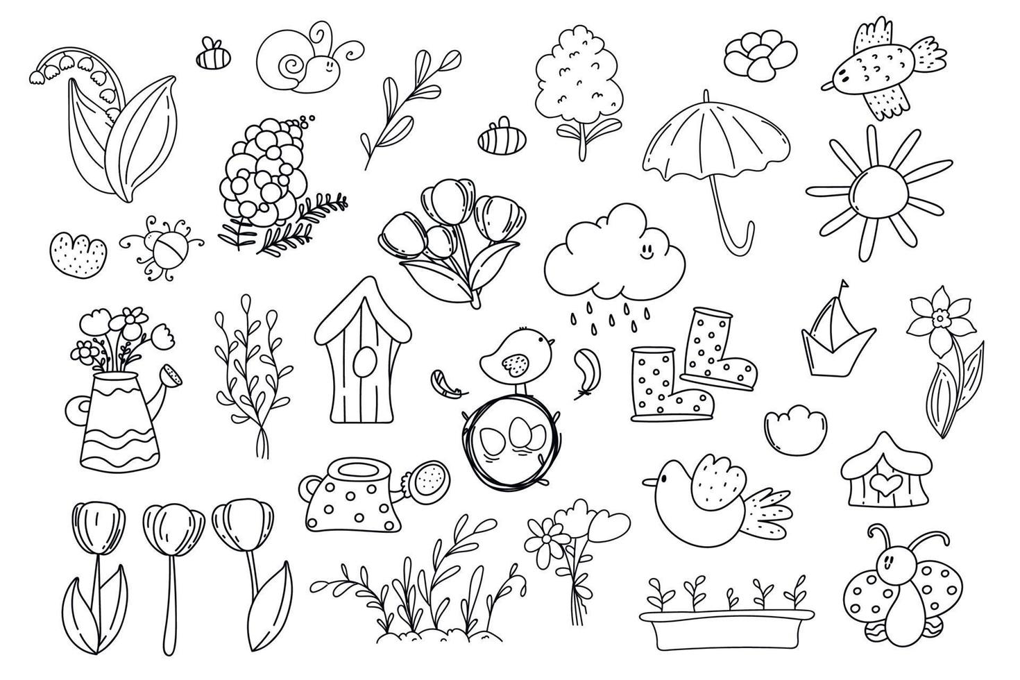 Spring and Easter doodle collection, flowers and decorations. Easter spring set with cute eggs, birds, bees, butterflies. Hand drawn vector illustration.