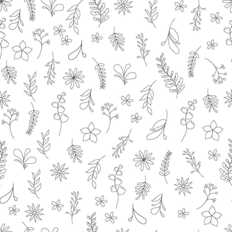 floral y hojas de patrones sin fisuras. Flores lineales y de silueta dibujadas a mano, ramas, texturas de hojas. lindos patrones de flores. plantilla elegante. patrones sin fisuras de la naturaleza. fondo universal simple. vector