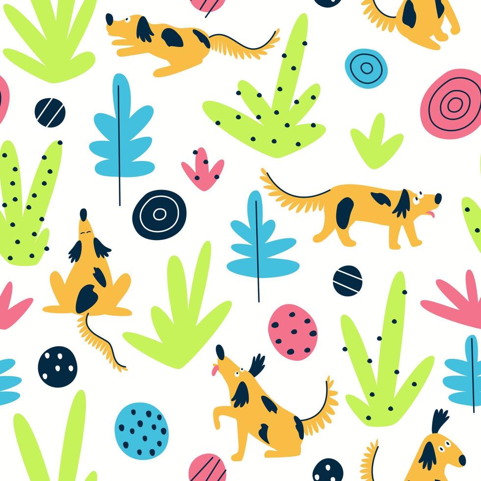 Seamless pattern with cute funny dogs in nature vector