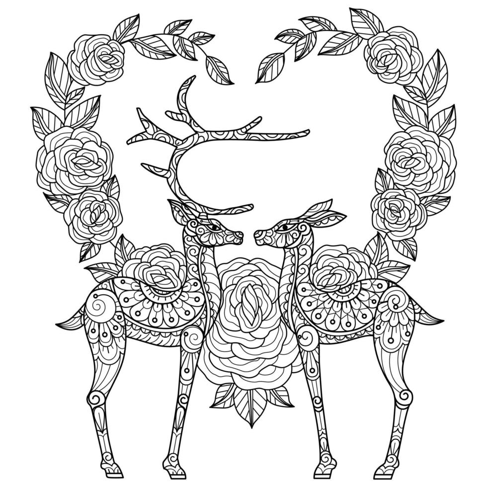 Deer and heart hand drawn for adult coloring book vector