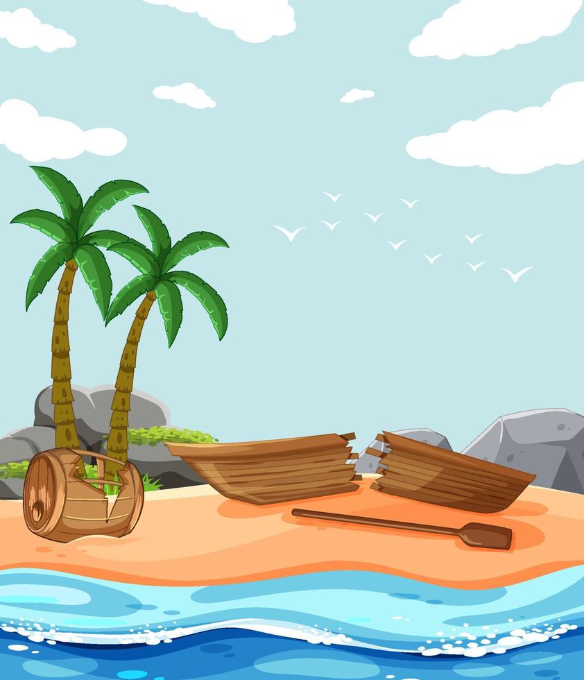 Deserted island with broken boat lying on the beach vector