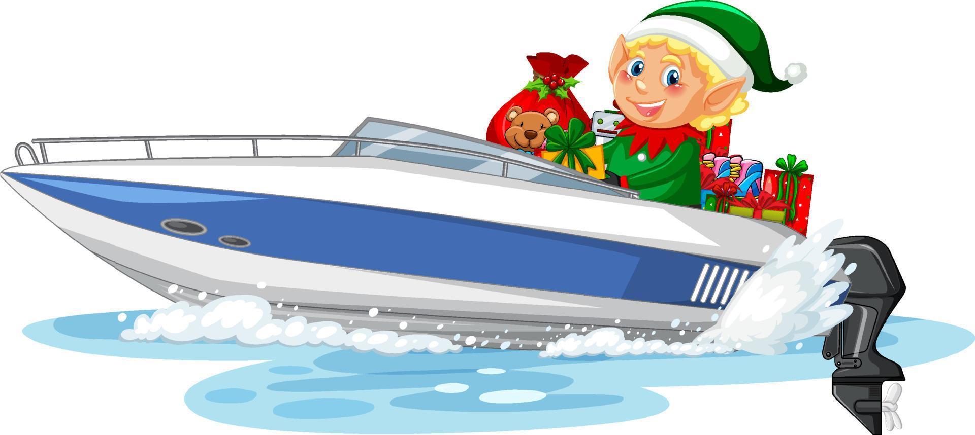 Christmas elf on speed boat with his gifts vector