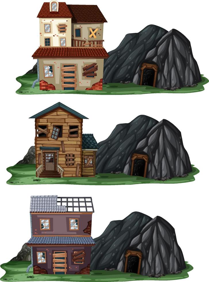 Set of different abandoned houses with rock cave vector