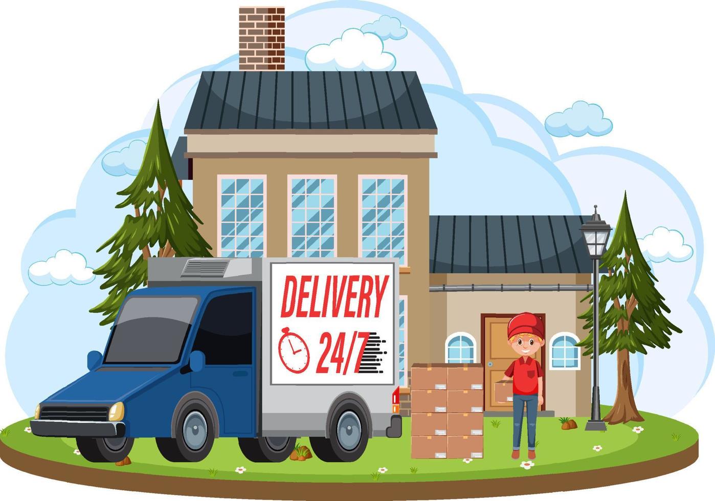 Courier delivering packages standing in front of house vector