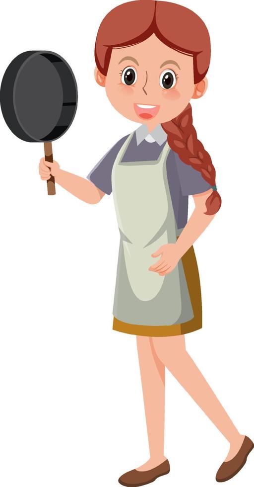 A woman holding a pan wearing apron cartoon character on white background vector