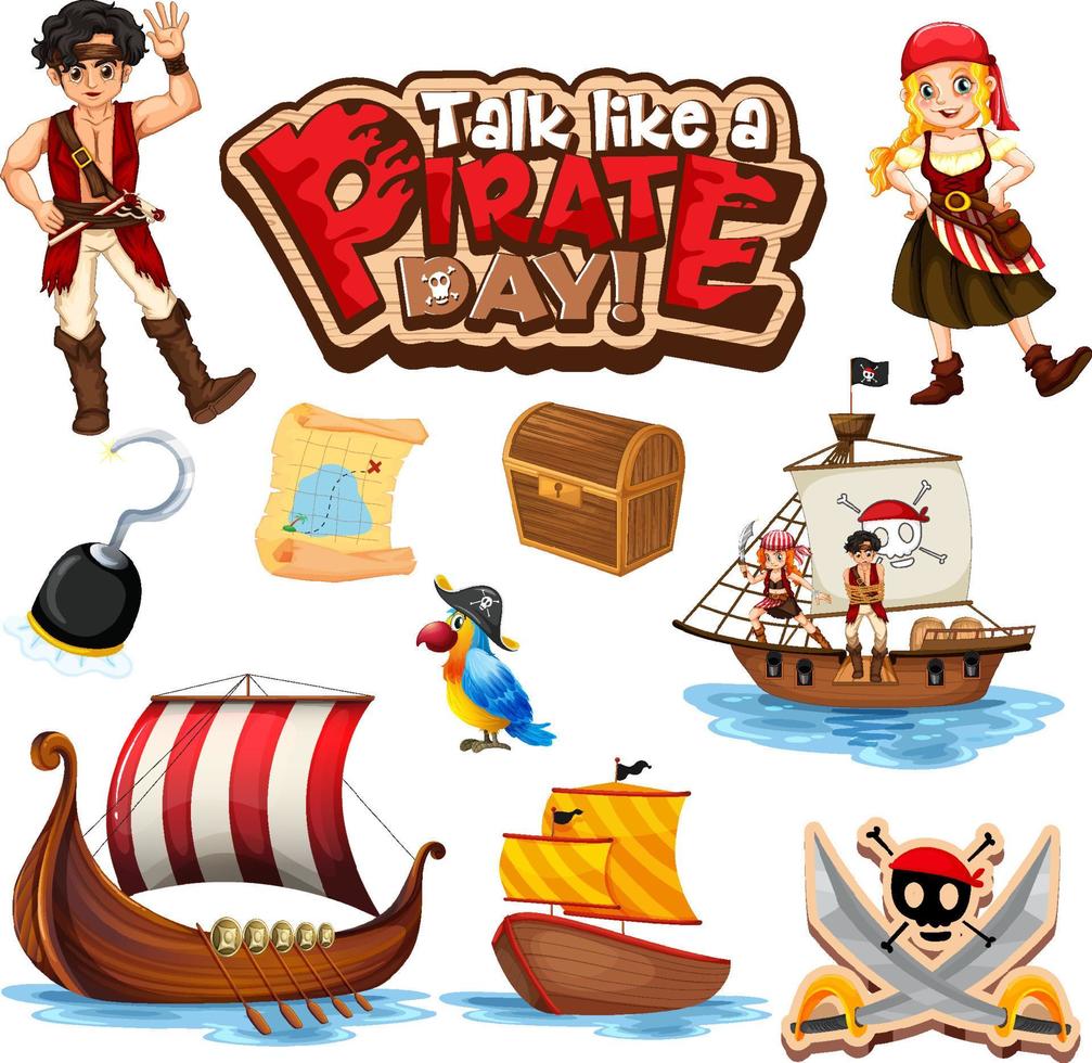 Set of pirate cartoon characters and objects vector