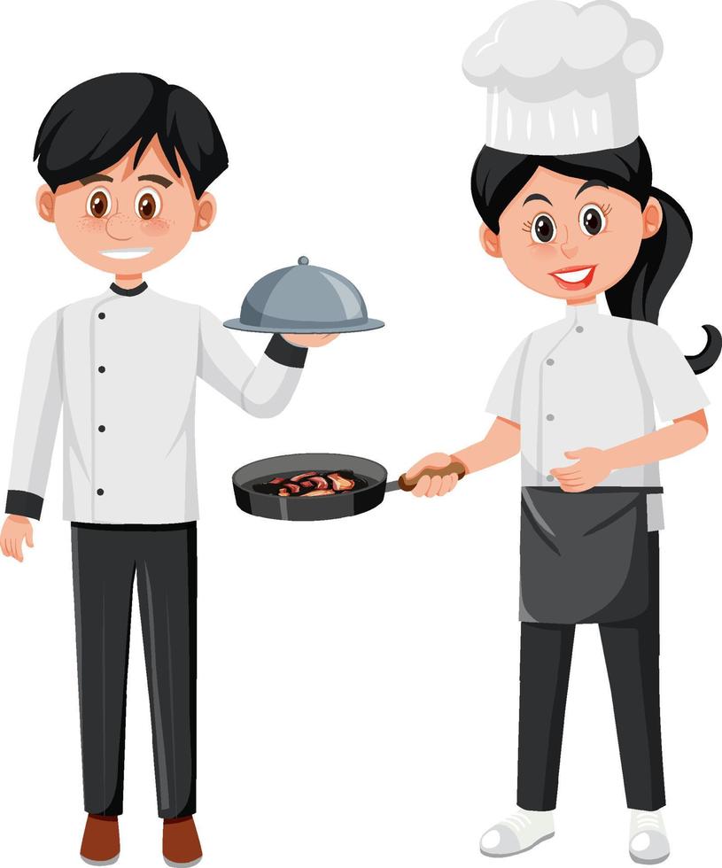 Chef y personaje de dibujos animados de camarero sobre fondo blanco. vector