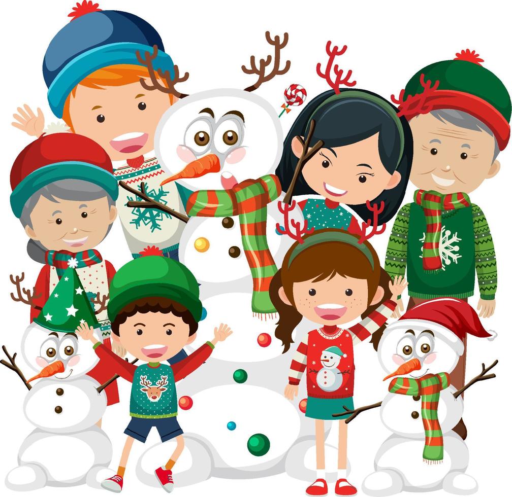 Happy family in Christmas theme with snowman vector