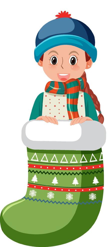 una niña en calcetín de navidad aislado vector