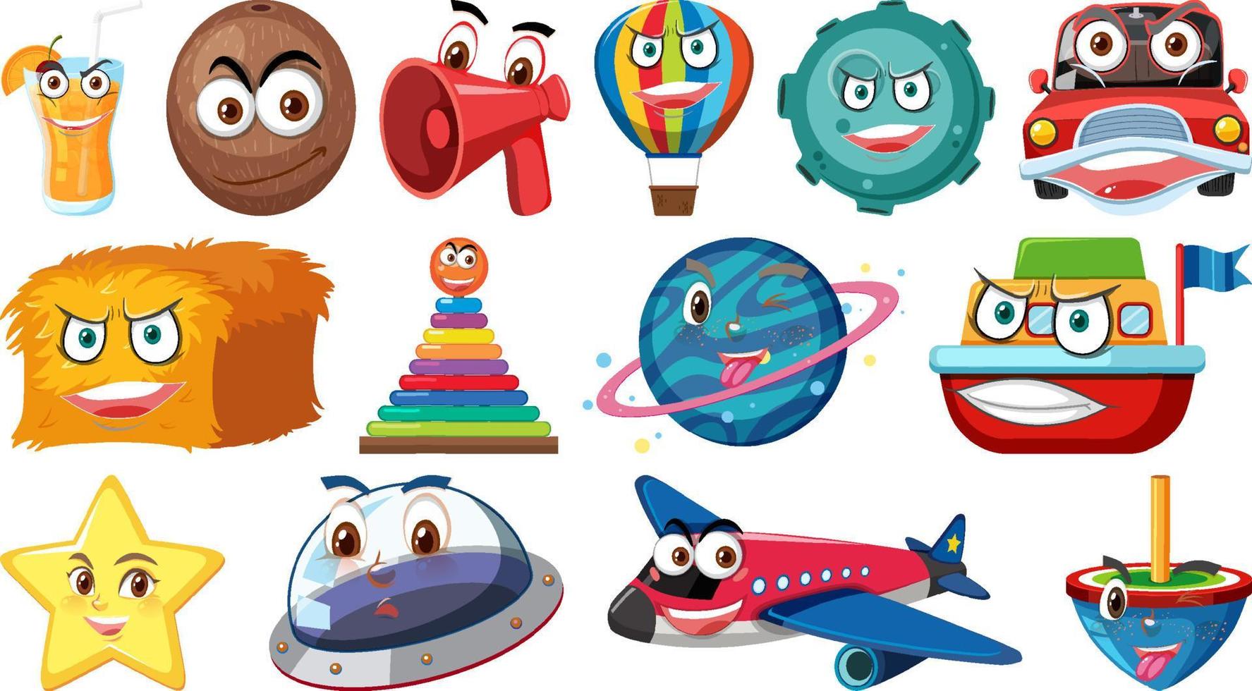 Set of different toy objects with smiley faces vector