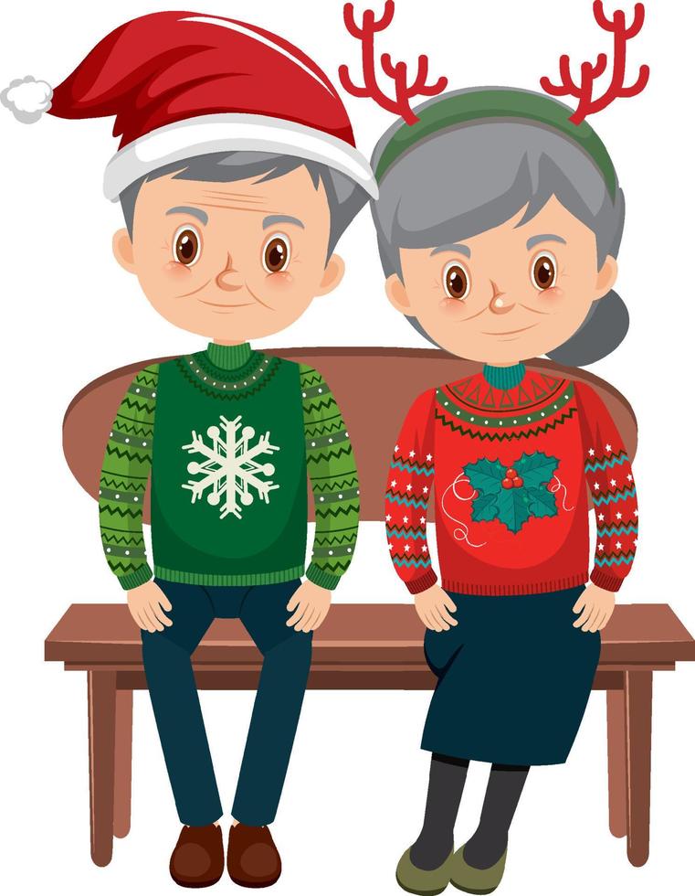 Old couple in Christmas outfits sitting on a bench vector