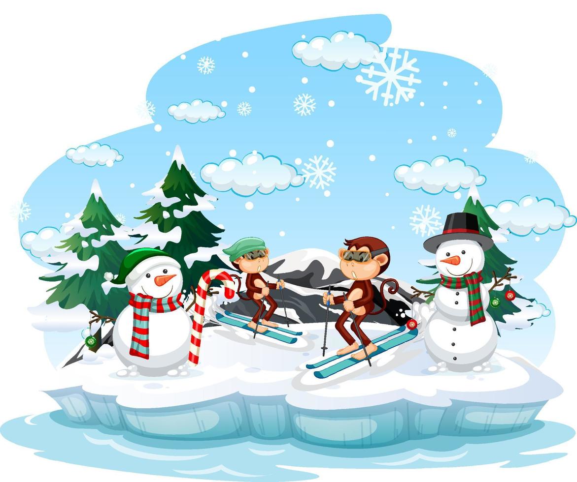 Monkey skiing in the snow at daytime scene vector