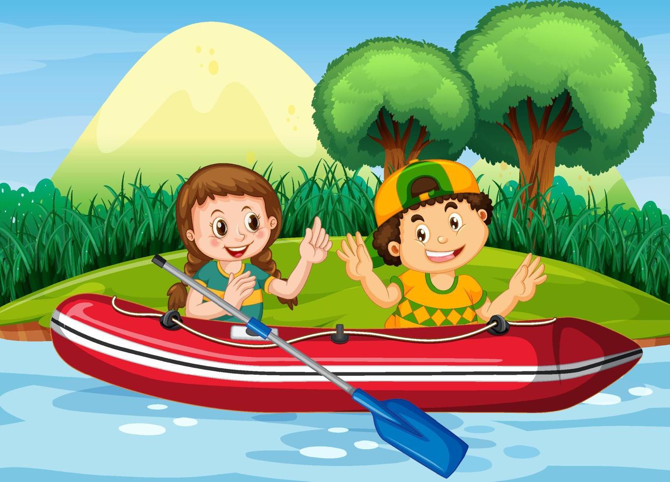 paisaje natural con niños en bote inflable. vector