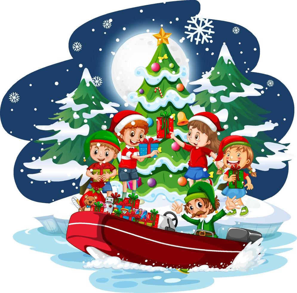 Children in Christmas theme at snowy night vector