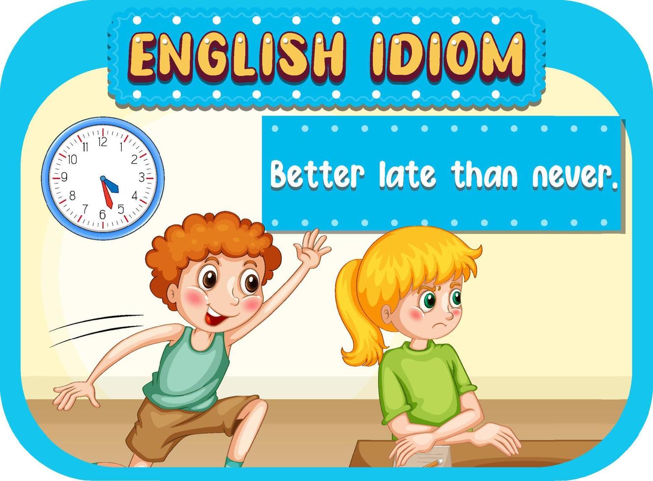 English idiom with better late than never vector