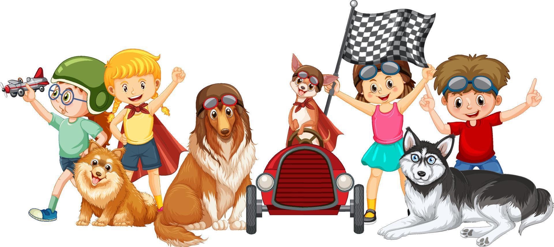 niños con sus perros en estilo de dibujos animados vector