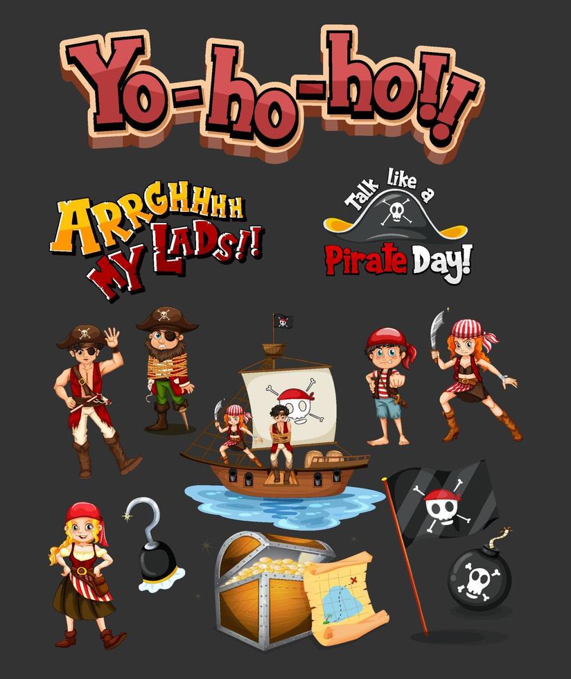 Set of pirate cartoon characters and objects vector