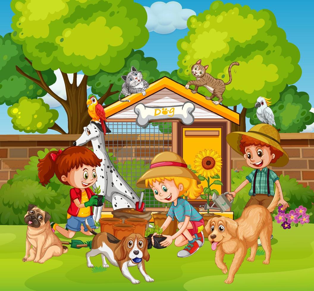 Escena del parque con niños jugando con sus animales. vector