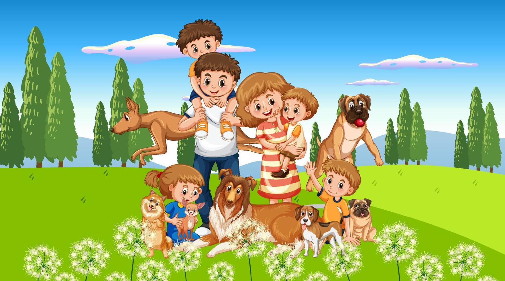 escena al aire libre con familia feliz y perros vector