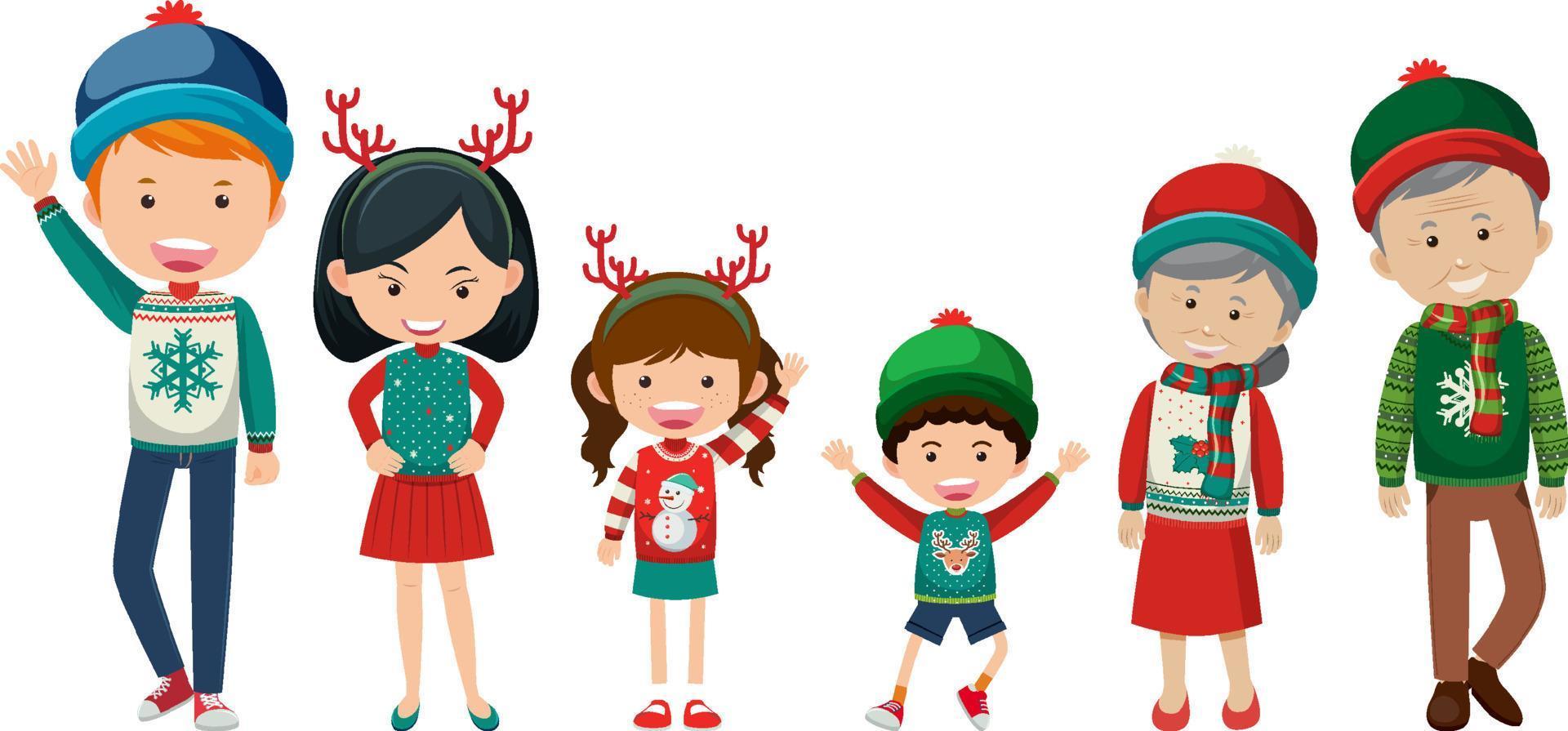 miembros de la familia vistiendo trajes navideños vector