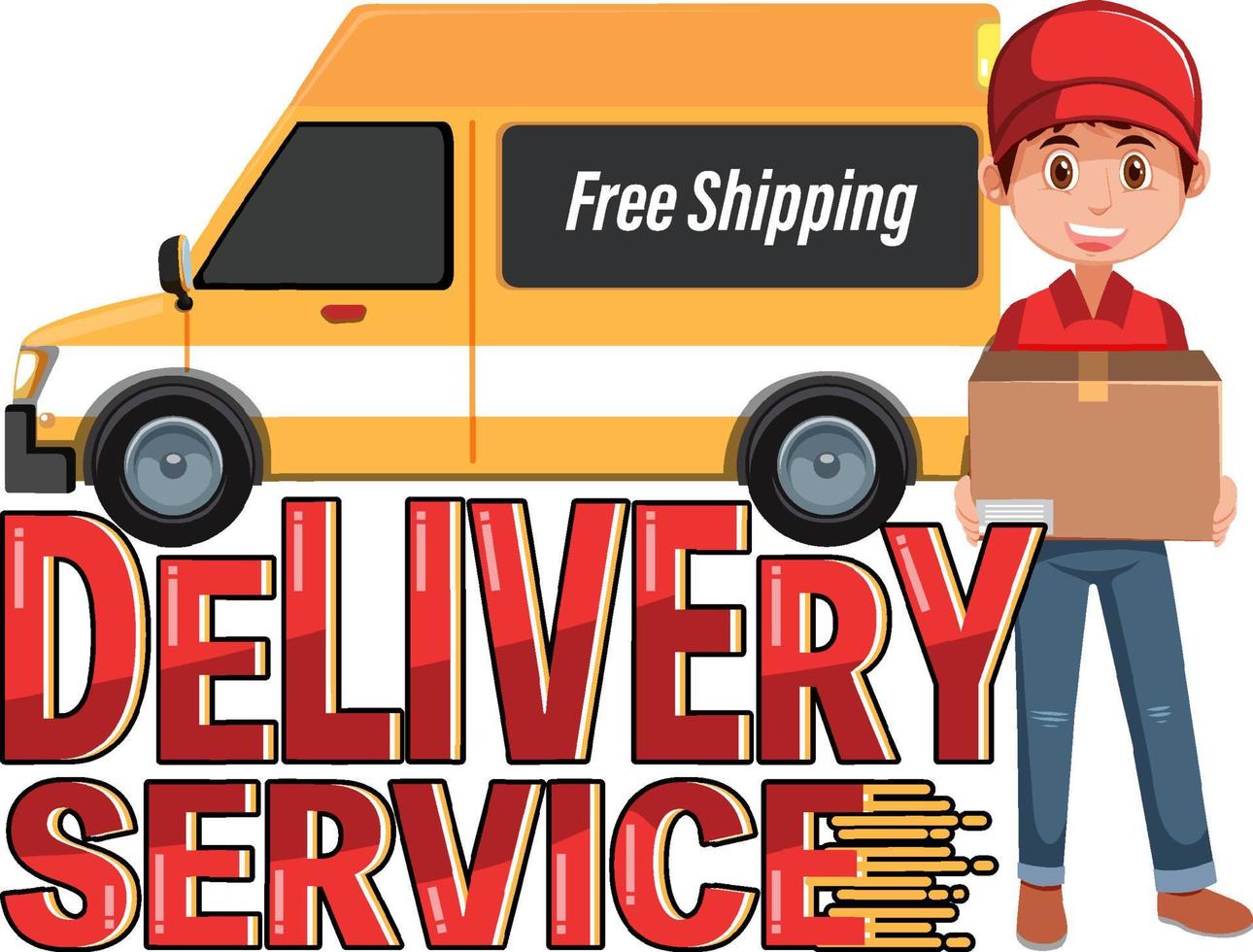 banner de logotipo de servicio de entrega con personaje de dibujos animados de mensajería vector