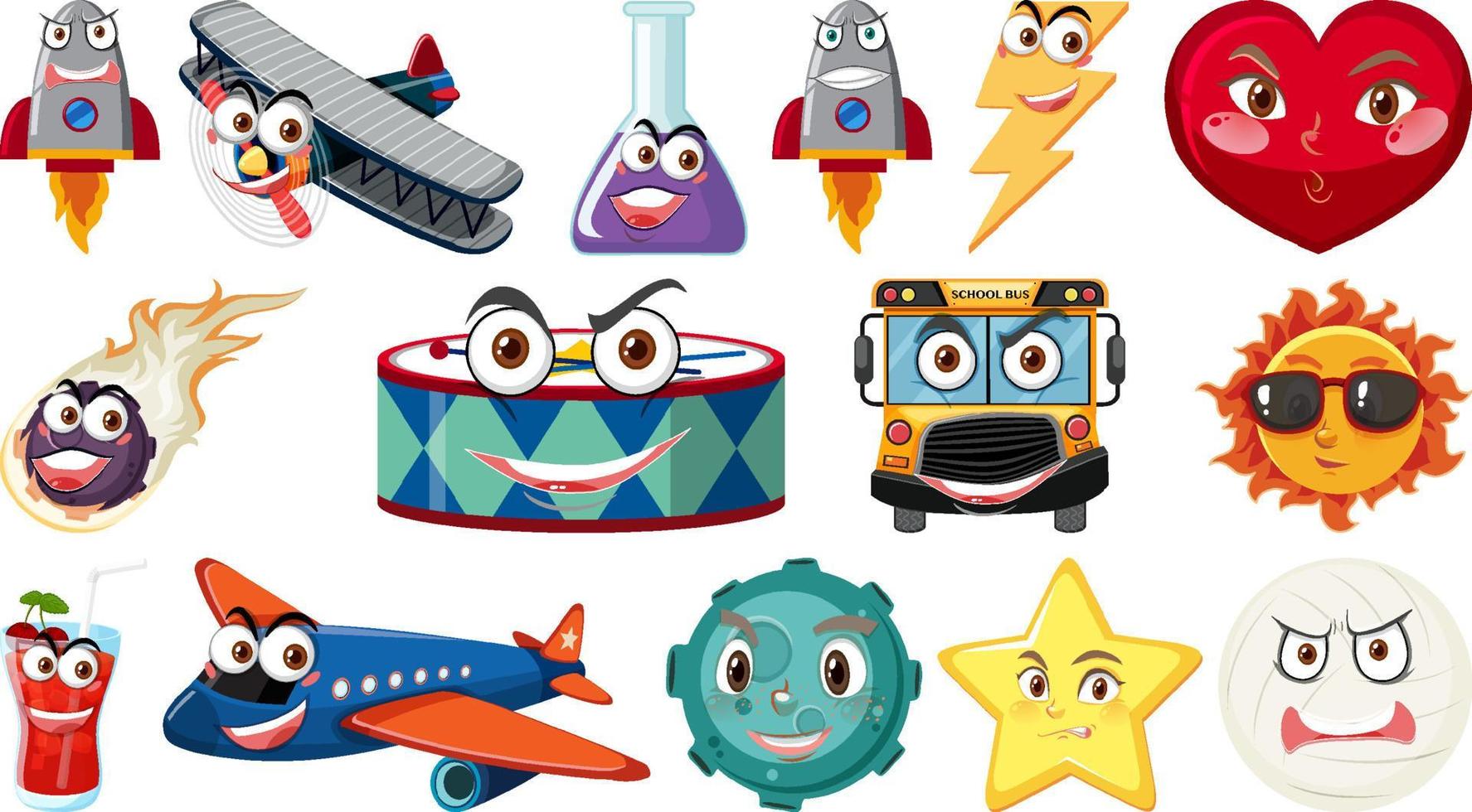 Set of different toy objects with smiley faces vector