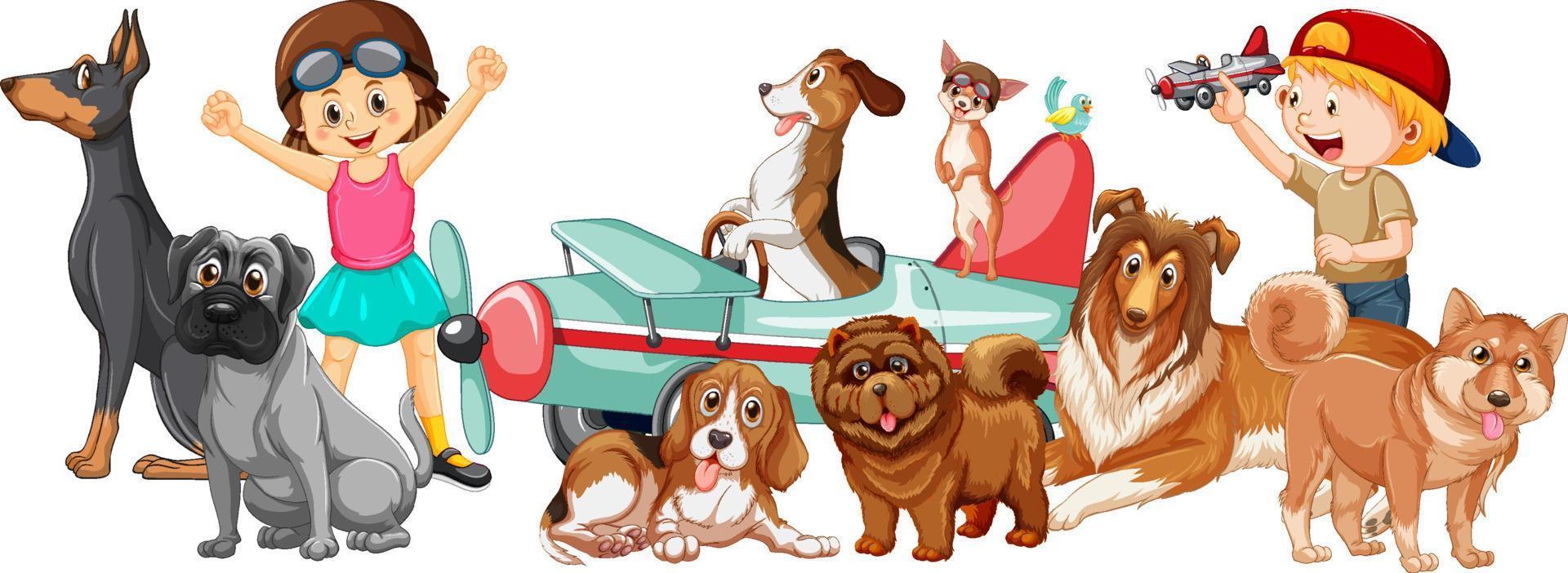 niños con sus perros en estilo de dibujos animados vector