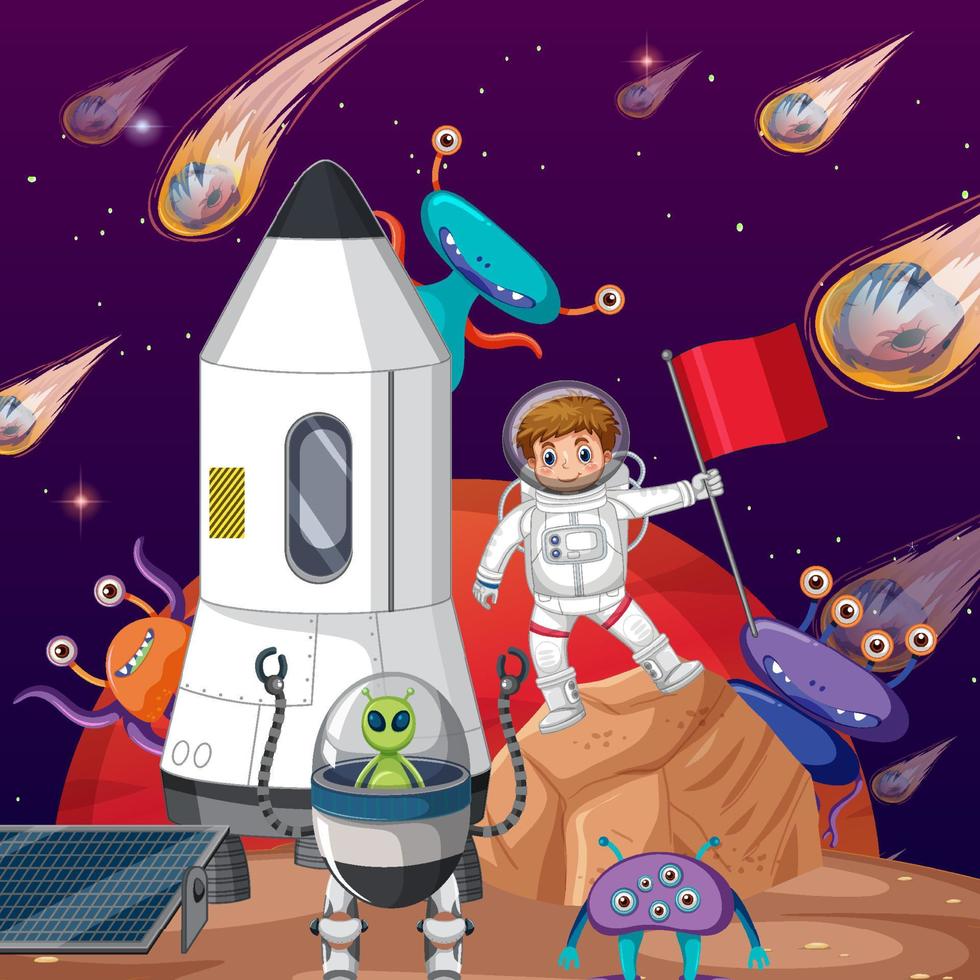 Outer space scene with astonaut and alien in cartoon style vector