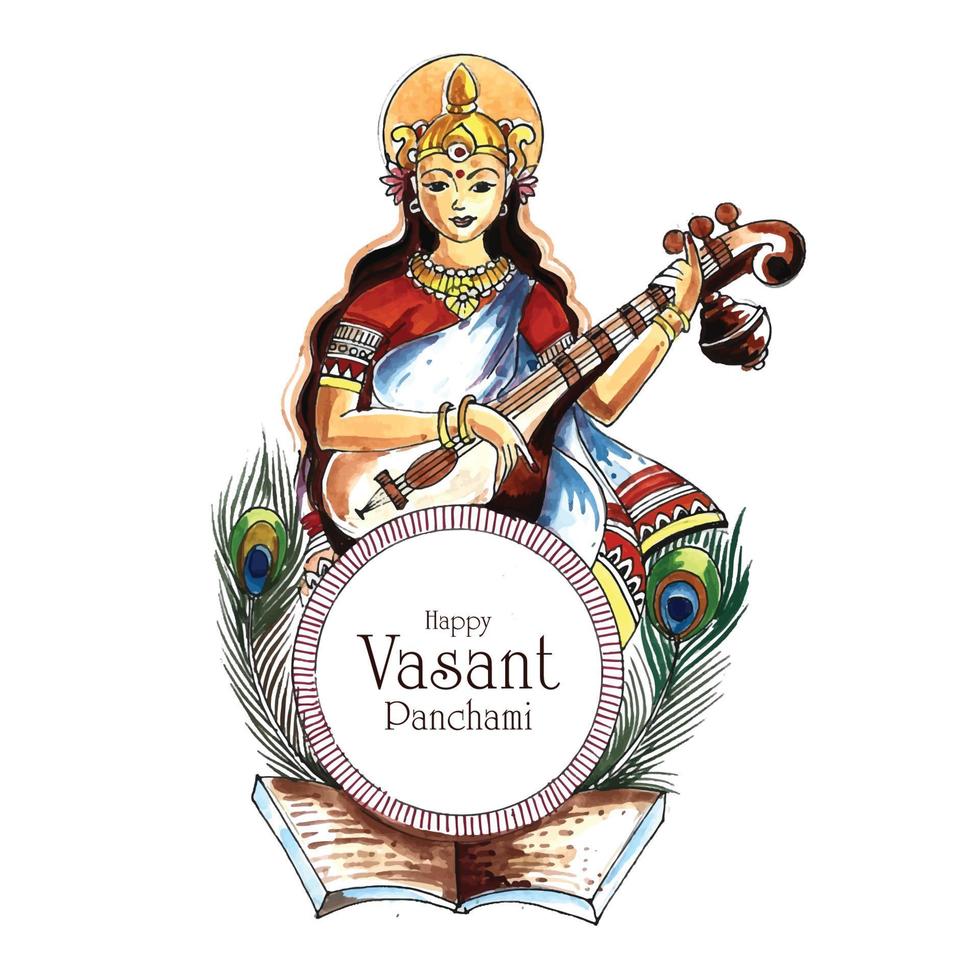 dios indio saraswati maa en el fondo del festival religioso vasant panchami vector