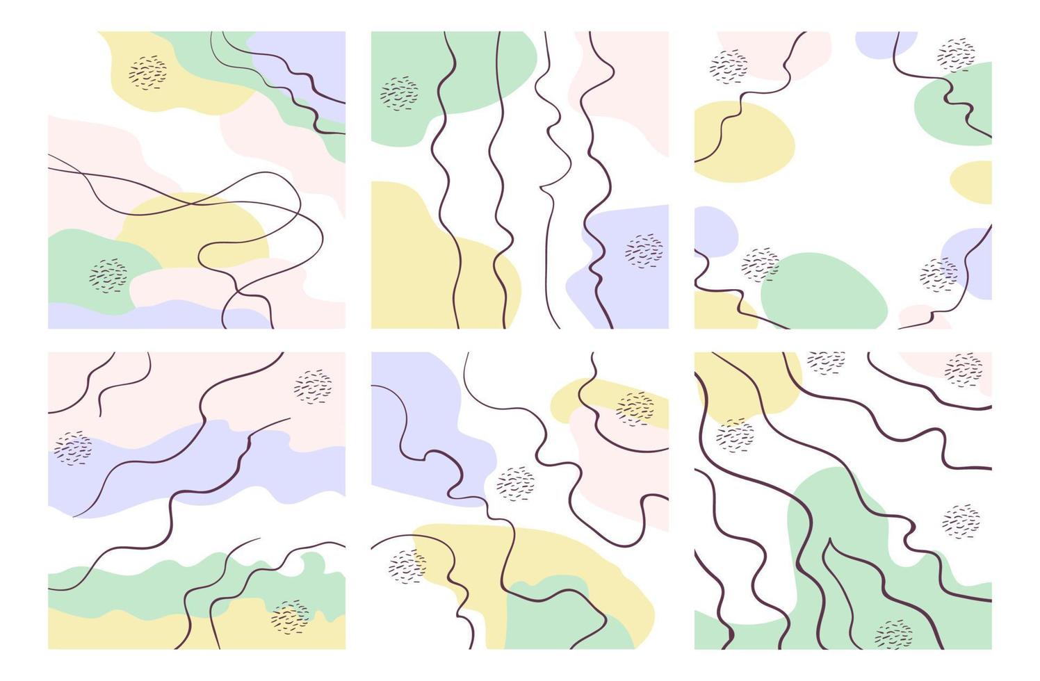 Set of abstract square background in pastel colors with curved lines. Modern geometric Memphis texture. Stock vector illustration in minimalist simple doodle style