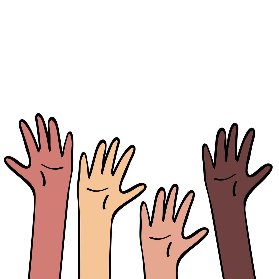 manos levantadas de diferente color de piel. igualdad y diversidad, unidad racial, concepto de comunidad internacional. ilustración en estilo de dibujos animados planos, contorno de color aislado sobre fondo blanco. 5269757 Vector manos levantadas de diferente color de piel. igualdad y diversidad, unidad racial, concepto de comunidad internacional. ilustración en estilo de dibujos animados planos, contorno de color aislado sobre fondo blanco. 5269757 Vector