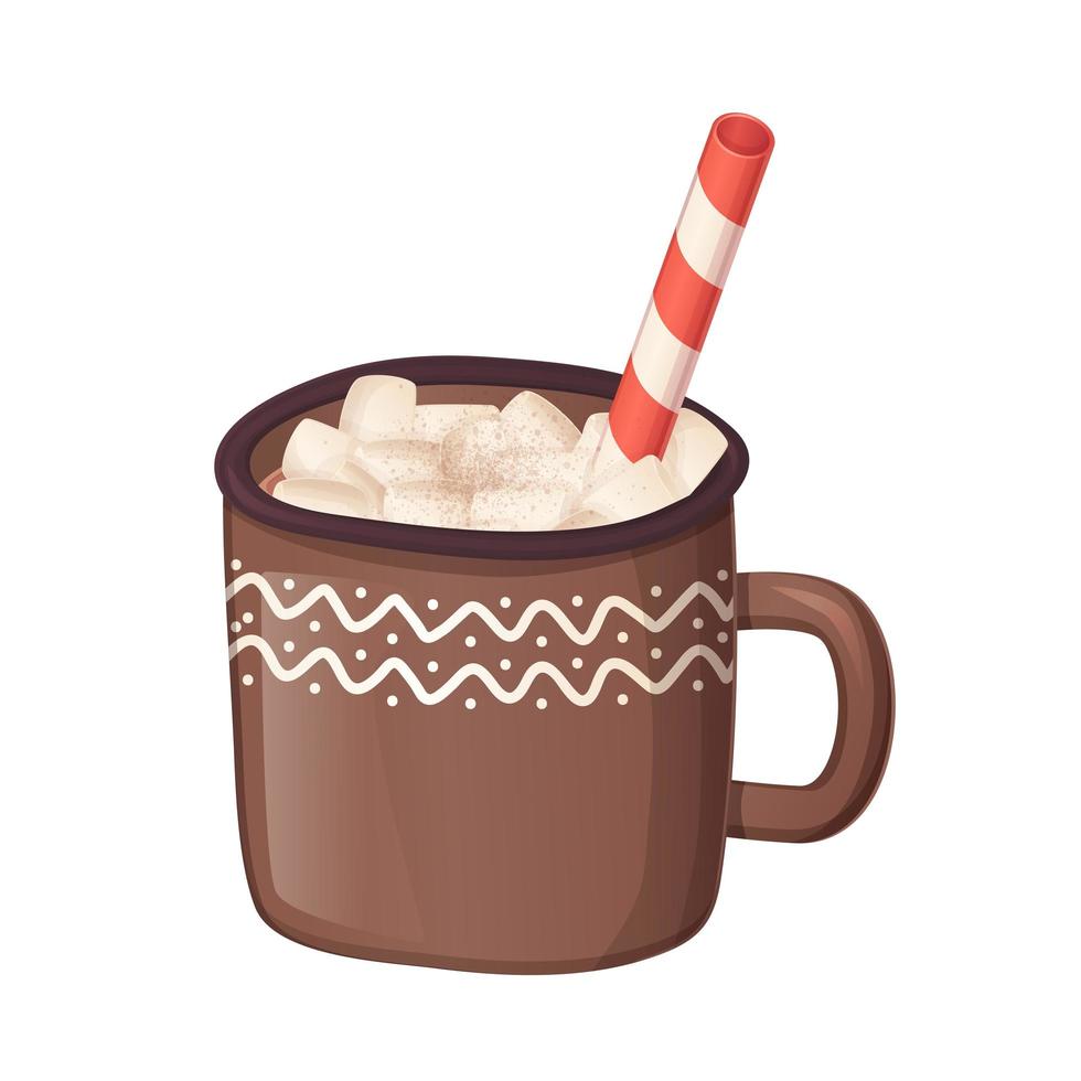 Cozy cocoa with marshmallows and stripped red white straw in realistic cartoon style. vector