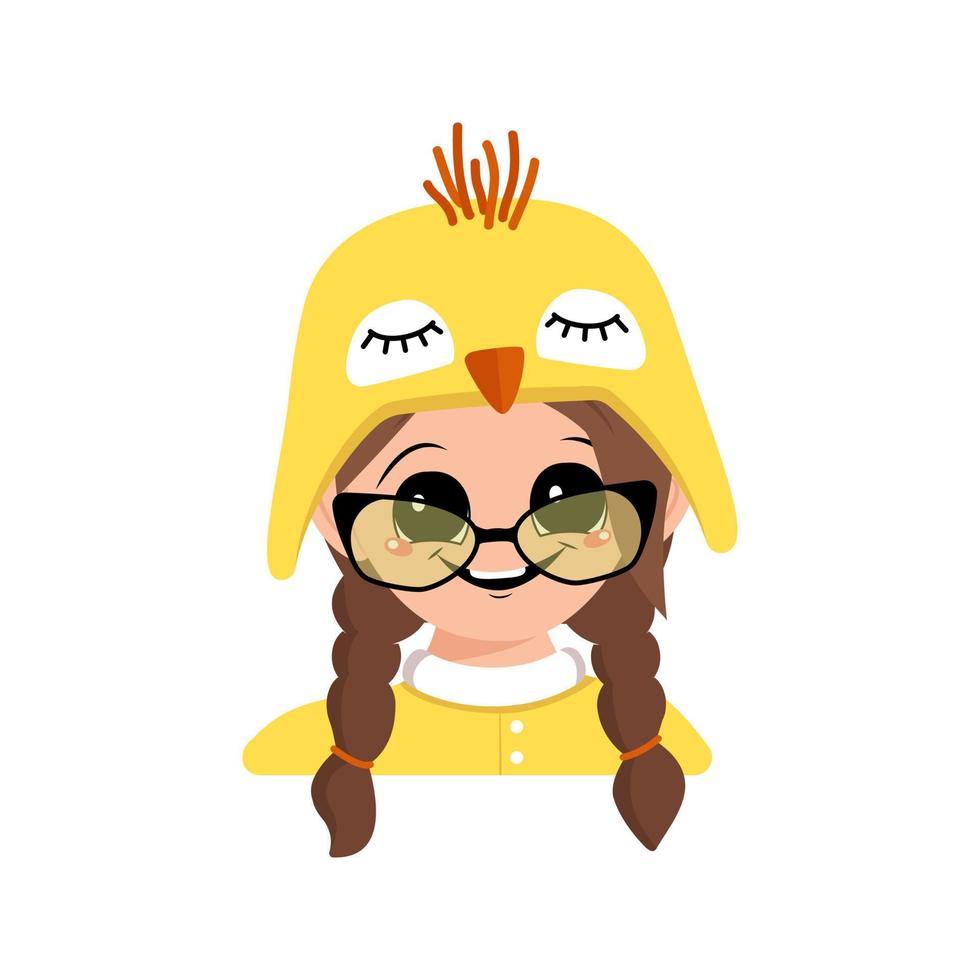 Girl with big eyes and wide happy smile in cute yellow chicken hat and glasses. Head of child with joyful face for holiday Easter, New Year or costume for party. Vector flat illustration