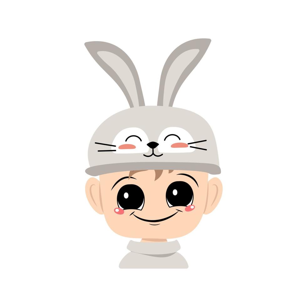 Avatar of boy with big eyes and wide happy smile in cute rabbit hat with long ears. Head of child with joyful face for holiday Easter, New Year or carnival costume for party. Vector flat illustration