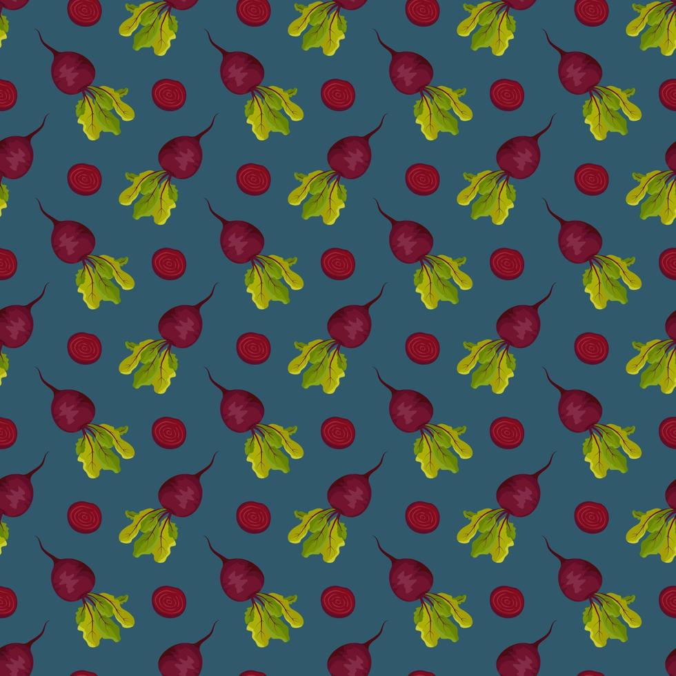 patrón sin costuras con remolacha. impresión de vegetales saludables, mitad y hojas verdes de tapas sobre fondo azul. ilustración plana vectorial vector