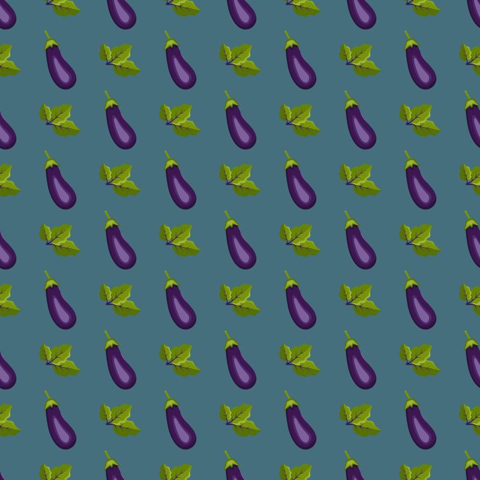 Seamless pattern with eggplant. Print of healthy vegetables and green leaves on blue background. Vector flat illustration
