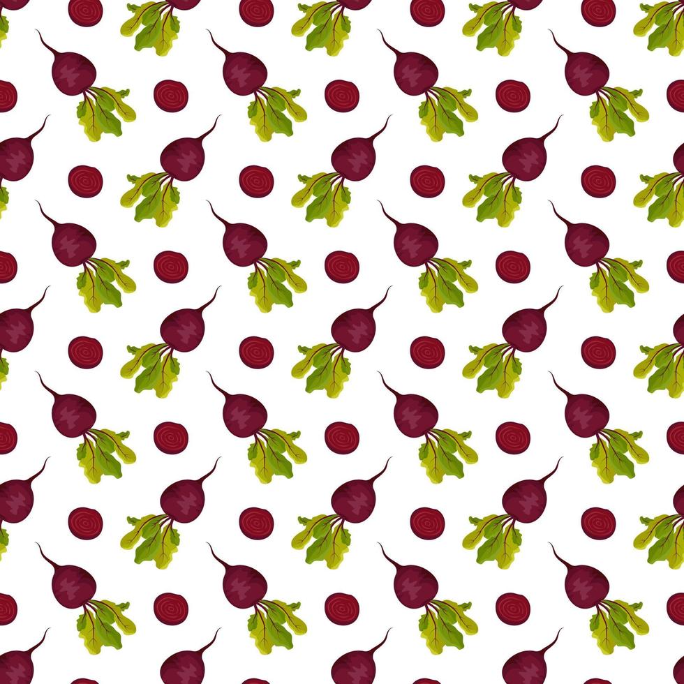 Seamless pattern with beet. Print of healthy vegetables, half and green leaves of tops on white background. Vector flat illustration