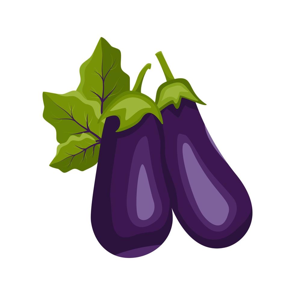 icono de berenjena púrpura. Verduras sanas enteras y hojas verdes, cosecha. deliciosa comida para ensalada y cocina. ilustración plana vectorial vector