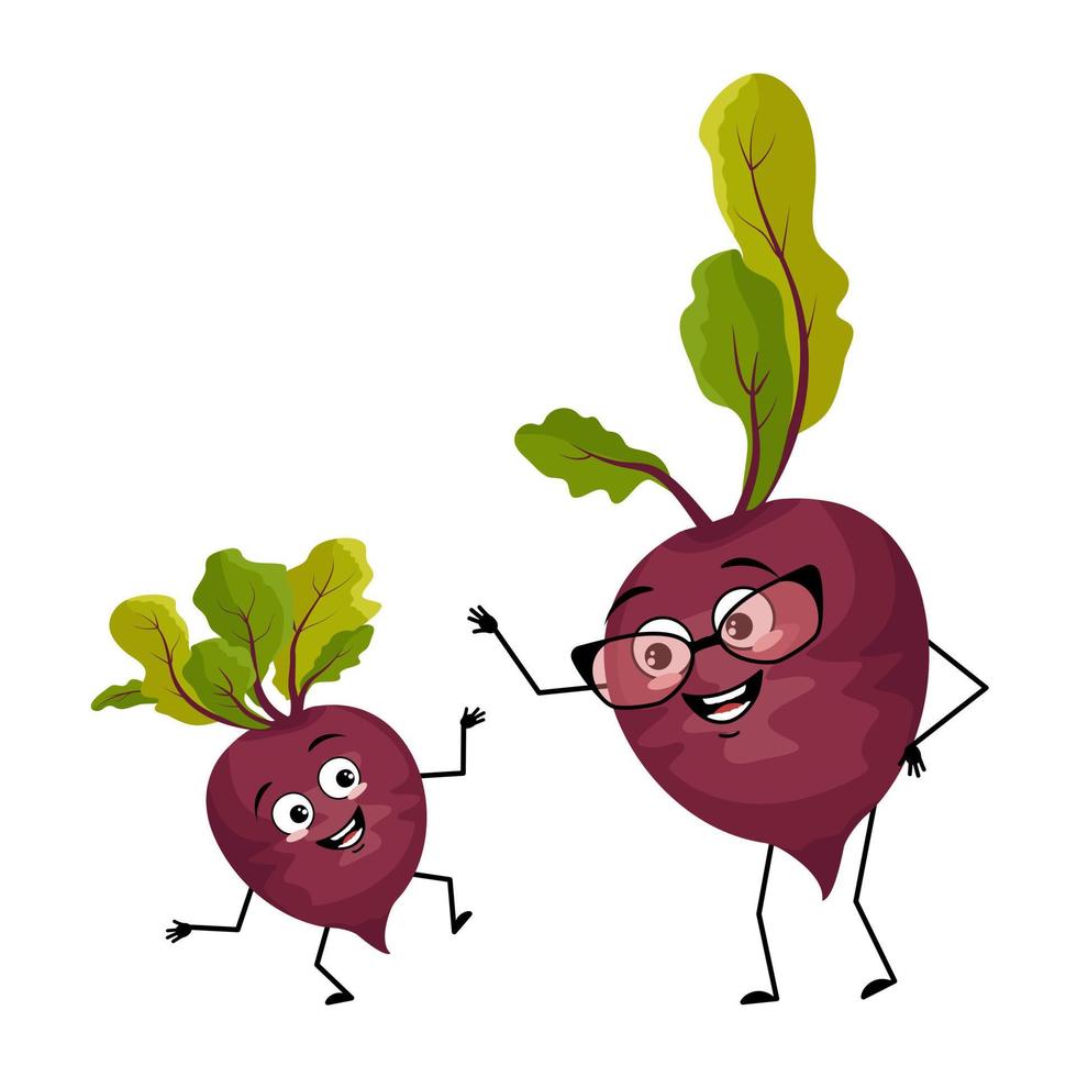 Beet character with happy emotion, joyful face, smile eyes, arms and legs. Person with expression, vegetable emoticon. Grandmother with glasses and grandson dancing. Vector flat illustration