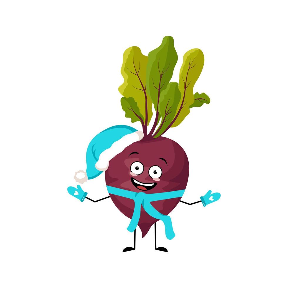 Beet character in Santa hat with happy emotion, joyful face, smile eyes, arms and legs with scarf and mittens. Person for Christmas and New year. Vector flat illustration