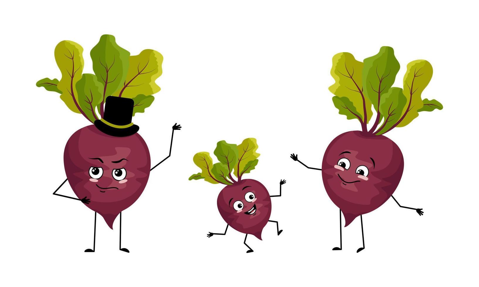 Family of beet vegetable characters with happy emotions, smile face, happy eyes, arms and legs. Mom is happy, dad is wearing hat and child is dancing. Vector flat illustration