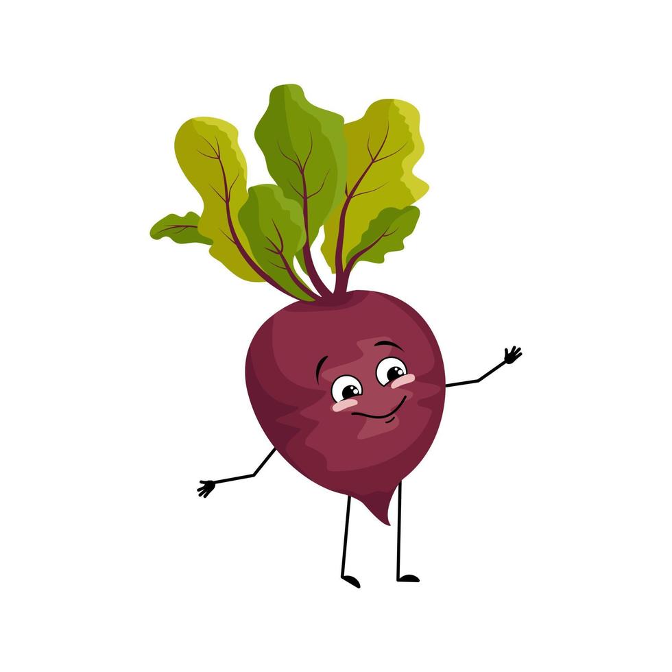 Beet character with happy emotion, joyful face, smile eyes, arms and legs. Person with expression, vegetable emoticon. Vector flat illustration