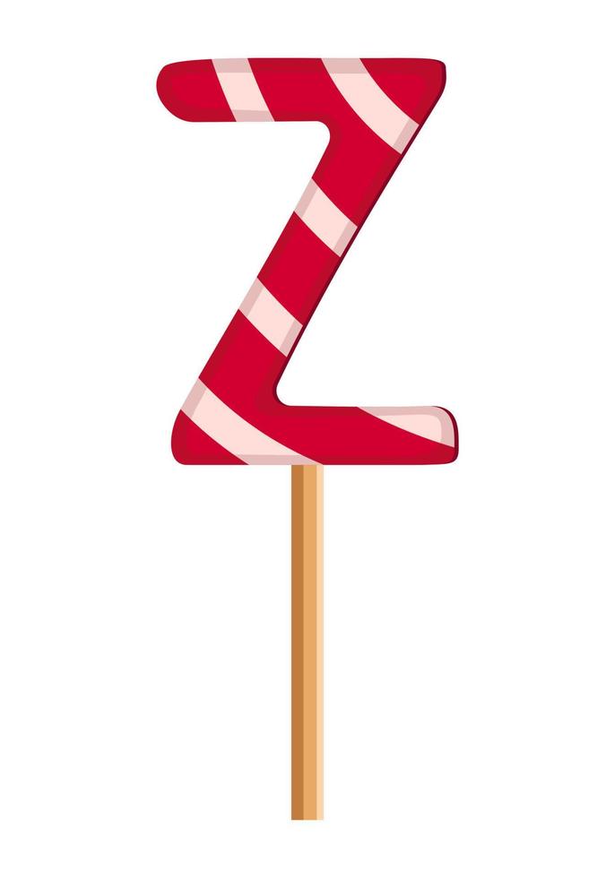 Letter Z from striped red and white lollipops. Festive font or decoration for holiday or party. Vector flat illustration