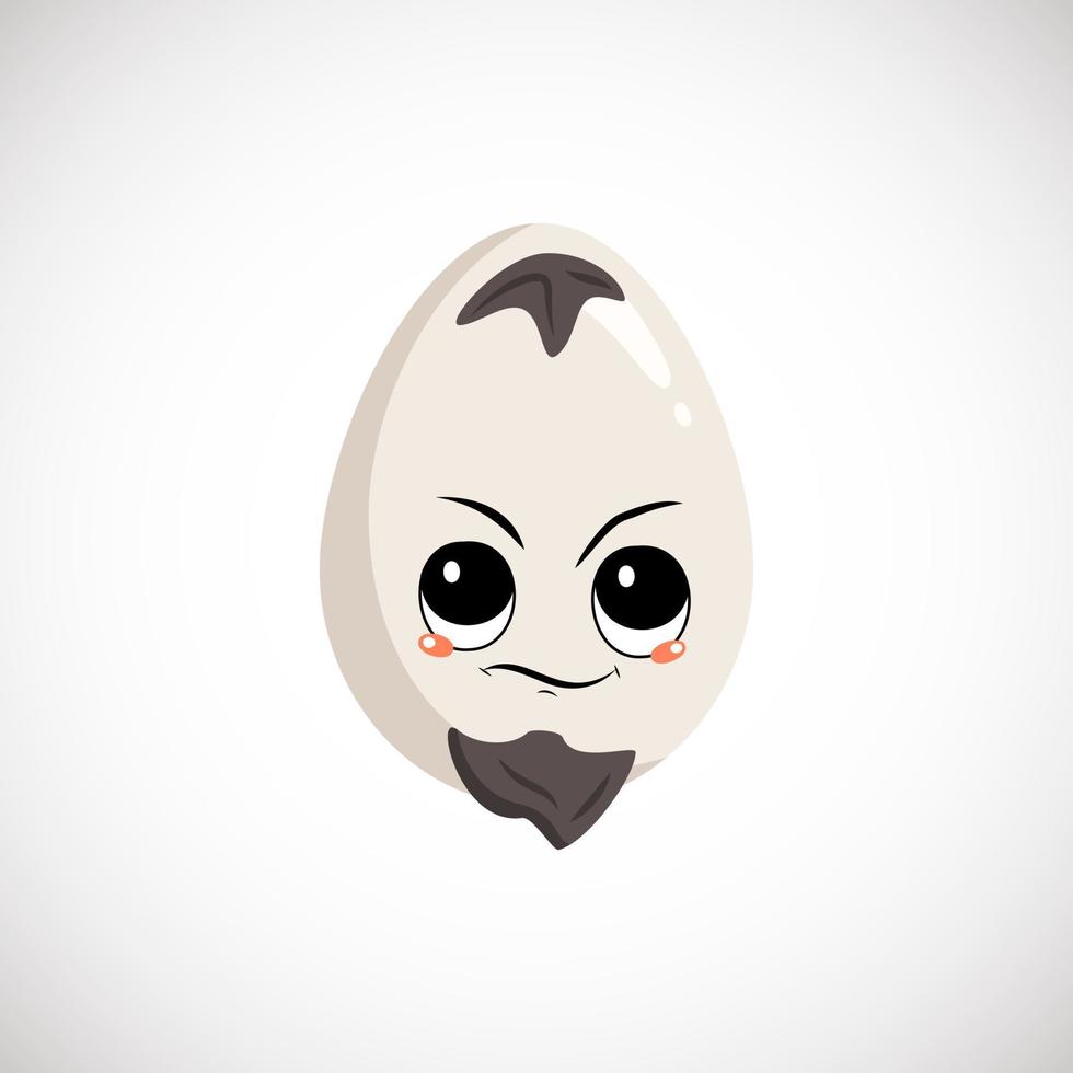 Cute egg character with emotions of suspicious, displeased face with beard. Festive decoration for Easter. Annoyed culinary hero. Vector flat illustration