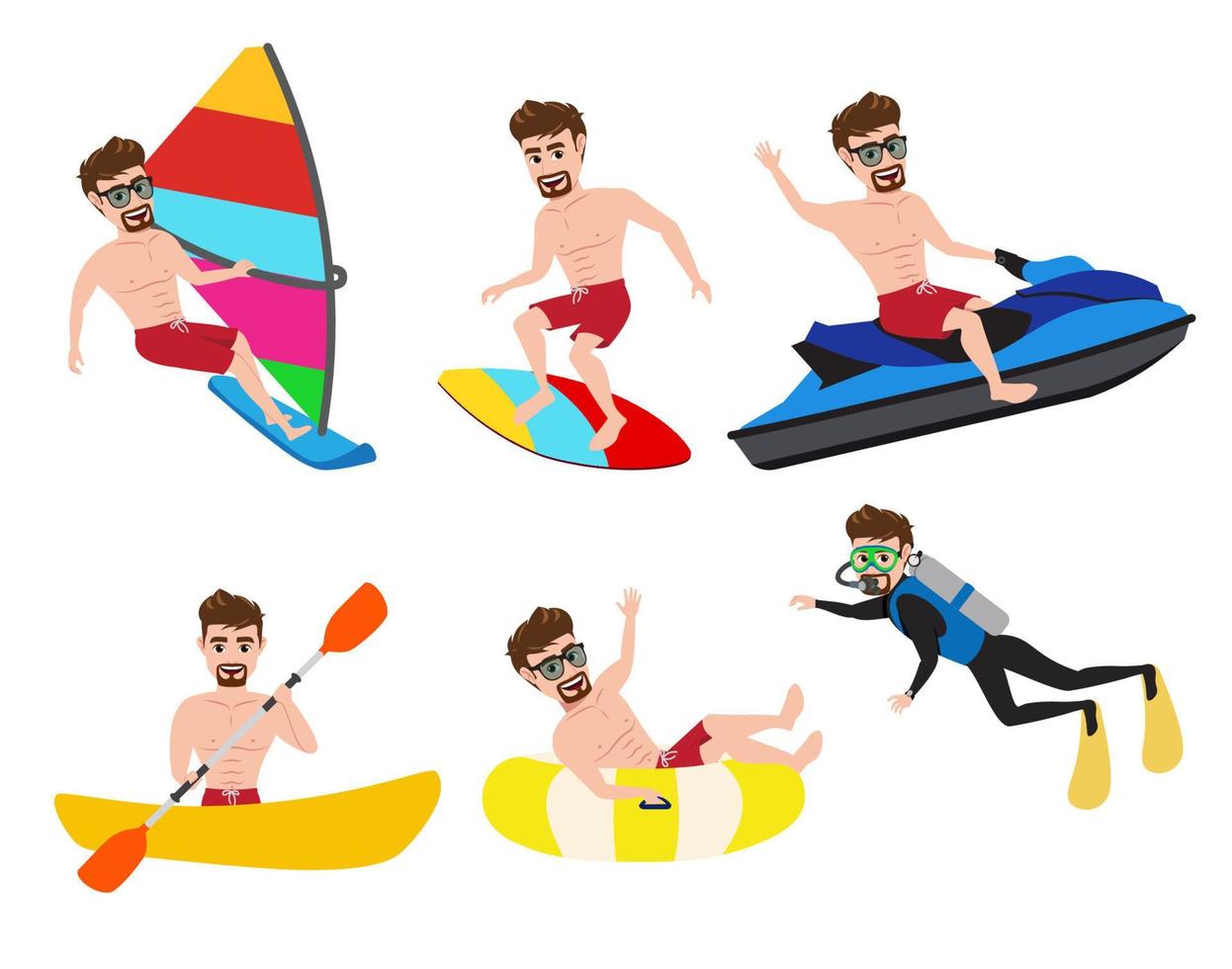 conjunto de vectores de caracteres de hombre de actividad de verano. personaje masculino en actividades de deportes acuáticos de verano como surf, jet ski, kayak, canotaje, buceo y piragüismo aislado en fondo blanco.