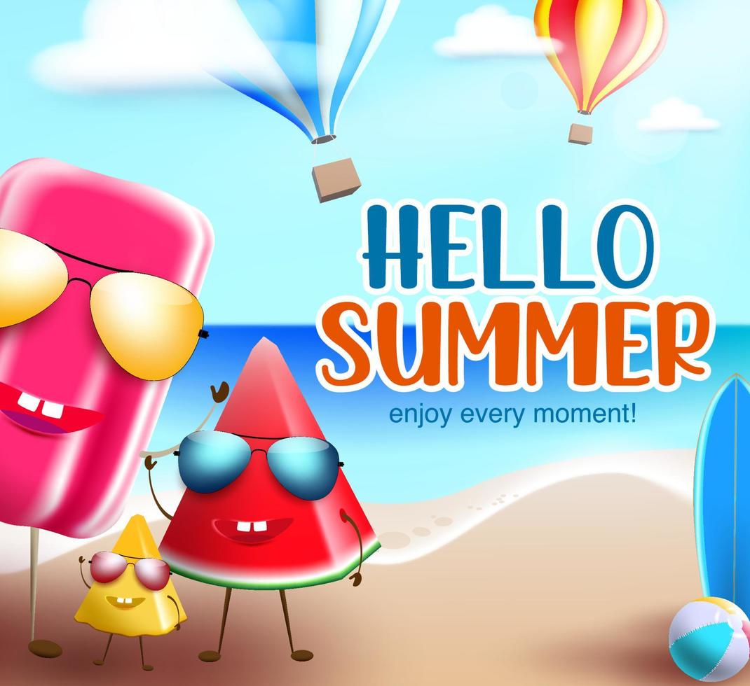 Hello summer characters vector banner background. Hello summer text with funny and friendly popsicle and fruits character for enjoy tropical season holiday vacation. Vector illustration