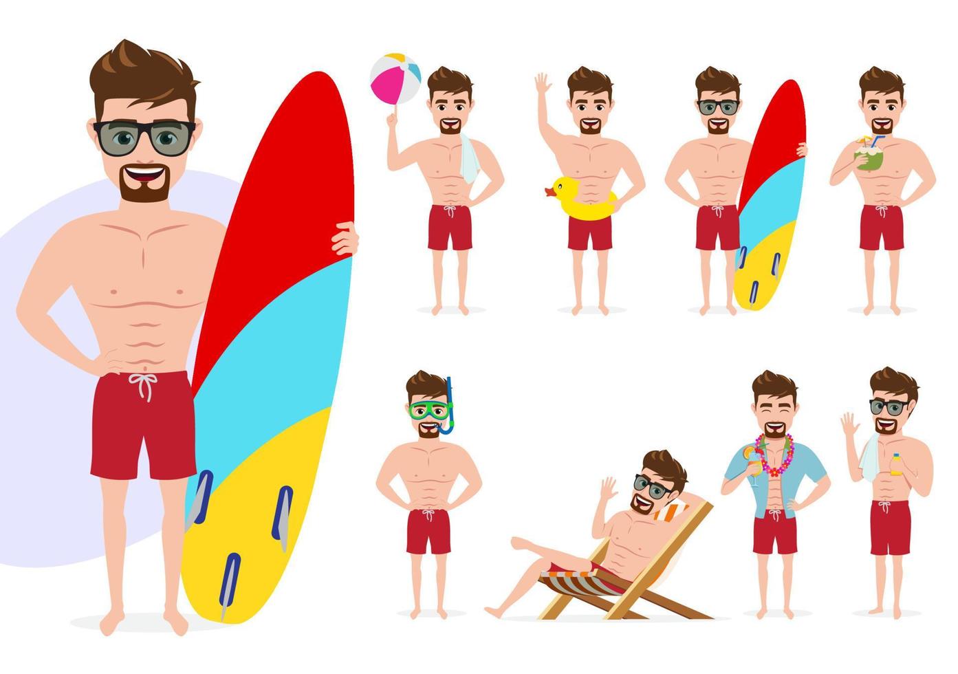 Summer male character vector set. Man characters in summer activity standing and sitting poses like holding surf board, playing beach ball and drinking coconut juice isolated in white background.