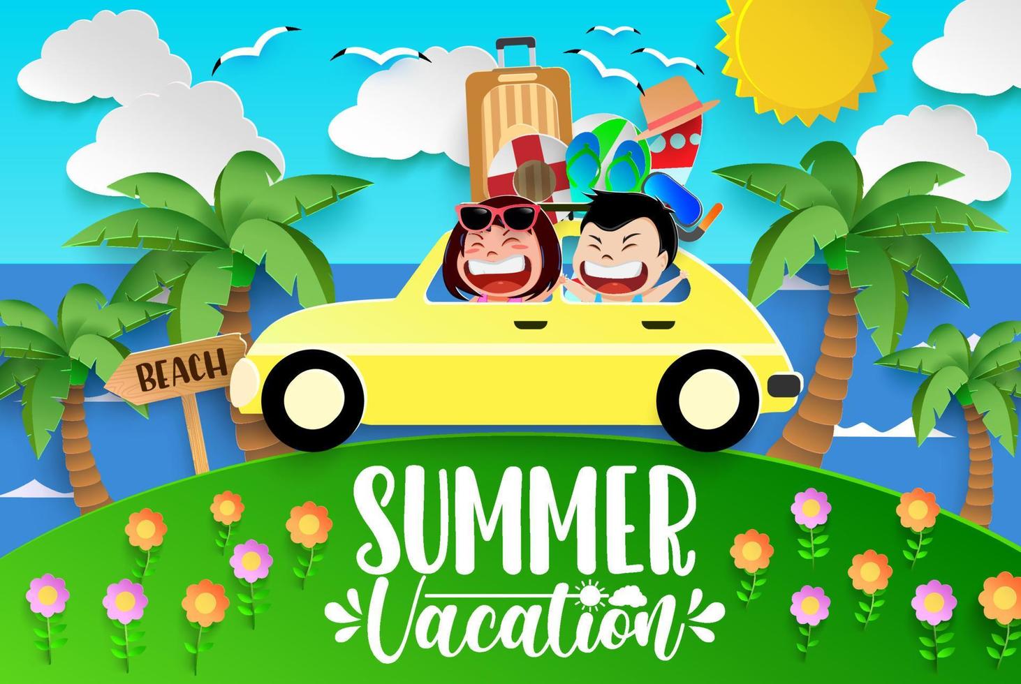 Summer character vector background design. Summer vacation text with kids characters riding car in beach paper cut for fun and enjoy holiday season outdoor travel. Vector illustration