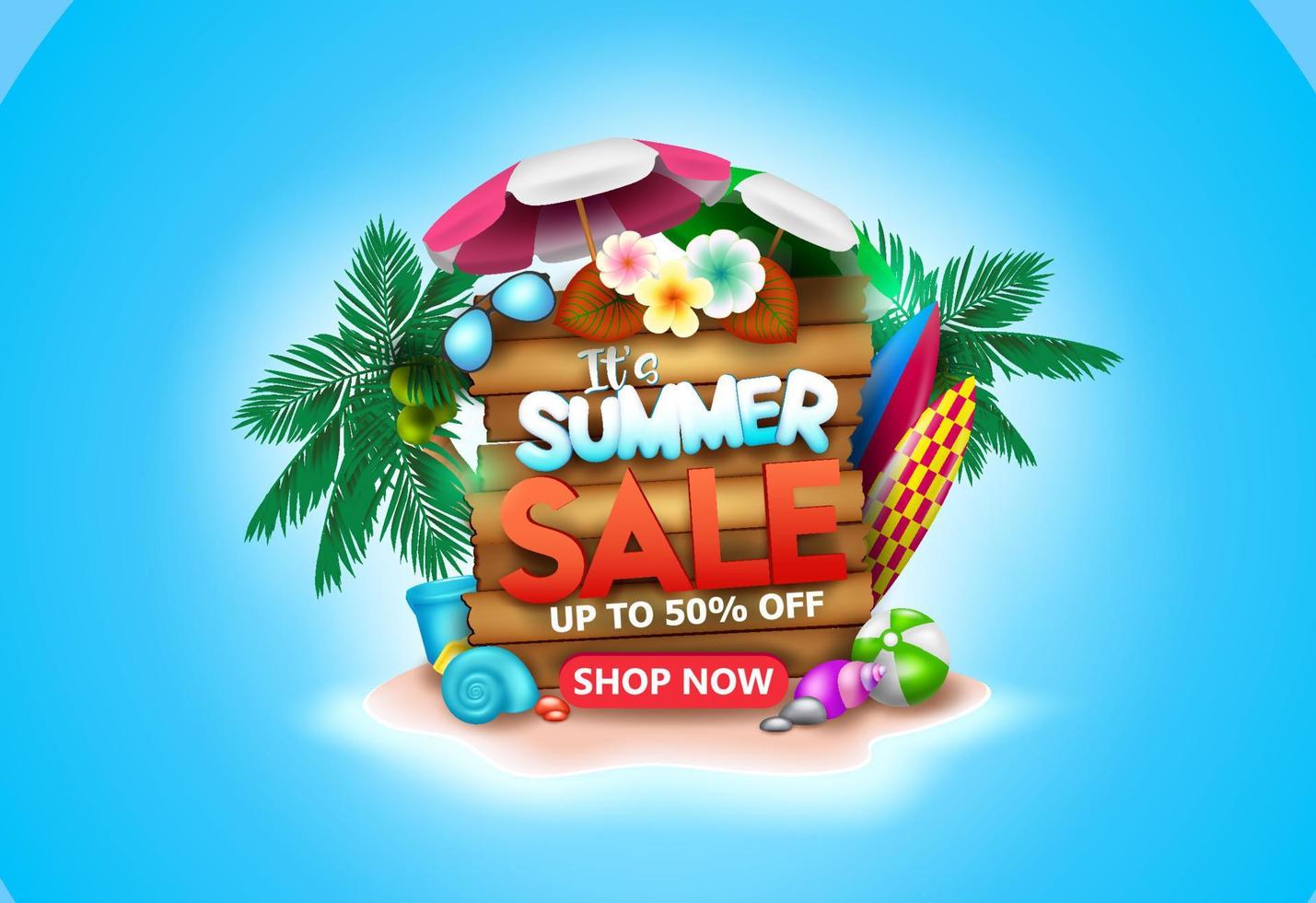 Summer sale vector banner design. It's summer sale text in beach island background for tropical season holiday discount promotion. Vector illustration