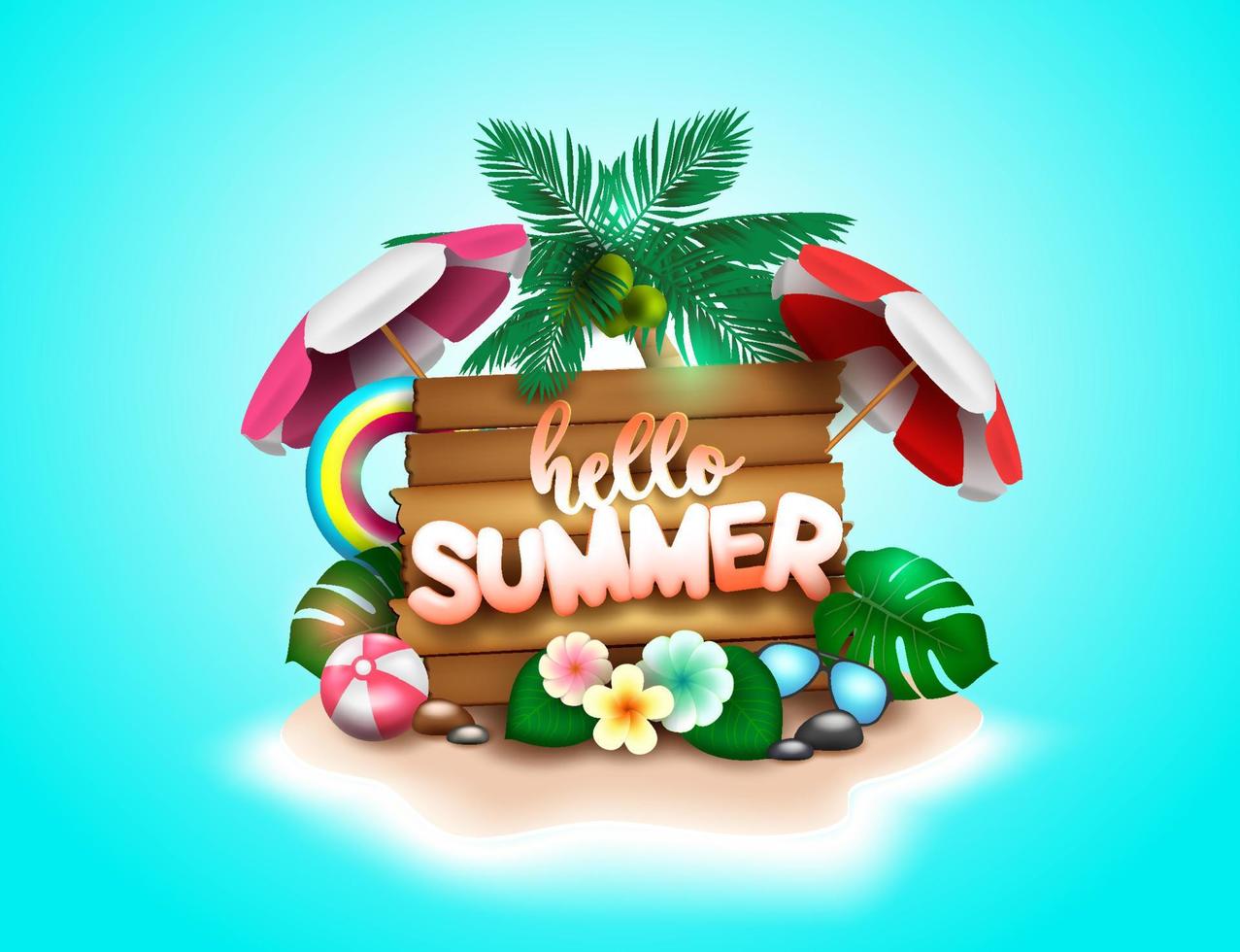 Summer vector concept design background. Summer text in beach island with umbrella and coconut palm tree elements for holiday vacation season. Vector illustration